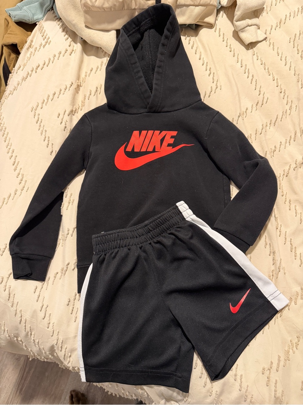Nike Black Hoodie and Shorts Set with Red Logo